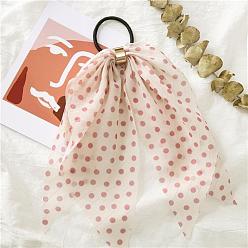 Bisque Polka Dot Pattern Cloth Elastic Hair Accessories, for Girls or Women, with Iron Findings, Hair Ties with Long Tail, Knotted Bow Hair Scarf, Bisque, 250mm