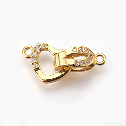 Real 18K Gold Plated Brass Micro Pave Cubic Zirconia Fold Over Clasps, Heart, Clear, Real 18K Gold Plated, 18mm, Hole: 1.2mm