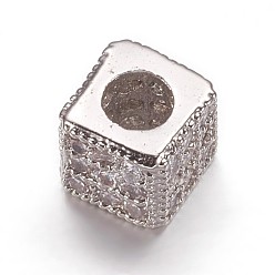 Platinum Brass Cubic Zirconia Beads,  Cube, Clear, Platinum, 4.5x4.5x4mm, Hole: 2.5mm