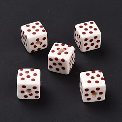 Dark Red Opaque Printed Acrylic Beads, Cube with Polka Dot Pattern, Dark Red, 13.5x13.5x13.5mm, Hole: 3.8mm