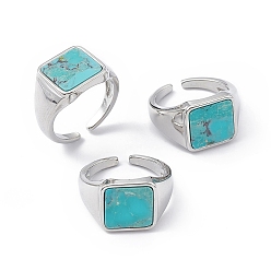 Natural Turquoise Natural Turquoise Square Open Cuff Ring, Platinum Brass Jewelry for Women, Cadmium Free & Lead Free, Inner Diameter: 16mm