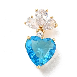 Bleu Pendentifs en laiton zircon cubique transparent, avec la glace, charmes de coeur, réel 18 k plaqué or, bleu, 24.5x13x12mm, Trou: 6x4mm