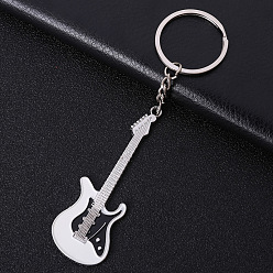 White Baking Paint Zinc Alloy Keychain, with Key Rings, Guitar, White, 7x2.6cm