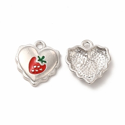 Platinum Alloy Enamel Pendants, Heart with Strawberry Charm, Platinum, 16.5x15x3mm, Hole: 2mm