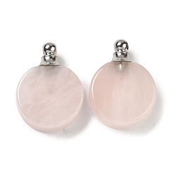 Rose Quartz Natural Rose Quartz Perfume Bottle Pendants, Flat Round Charms with Stainless Steel Color Plated 304 Stainless Steel Findings, 27.5x20x7~7.5mm, Hole: 2mm