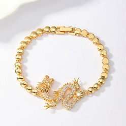 Oro Pulseras de eslabones de circonita cúbica con micro pavé de latón para mujer, dragón, dorado, 7-1/8 pulgada (18 cm)
