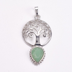 Green Aventurine Brass Pendants, Natural Green Aventurine, Faceted, Hollow Flat Round with Tree of Life and Teardrop, Platinum, 49x27x6mm