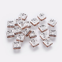 Rose Clair Séparateurs perles en verre avec strass en laiton, Grade a, de couleur métal argent, carrée, Light Peach, 6x6x3mm, Trou: 1mm
