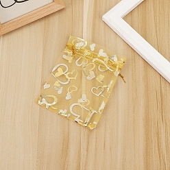 Gold Rectangle Organza Drawstring Gift Bags, Gold Stamping Heart Pouches for Wedding Party Gift Storage, Gold, 12x9cm