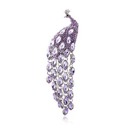 Violet Ethnic Style Peacock Long Tassel Pins, Alloy Rhinestone Brooch for Women's Sweaters Coats Suits, Violet, 140x35mm