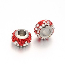 Light Siam Nice Large Hole Rondelle 304 Stainless Steel Polymer Clay Pave Two Tone Rhinestone European Beads, Stainless Steel Color, Light Siam & Crystal, 12x7mm, Hole: 5mm