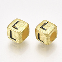 Letter L Acrylic Beads, Horizontal Hole, Metallic Plated, Cube with Letter.L, 6x6x6mm, 2600pcs/500g