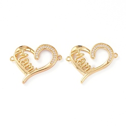 Real 18K Gold Plated Brass Micro Pave Clear Cubic Zirconia Links, Long-Lasting Plated, for Mother's Day, Heart with Word Mami, Real 18K Gold Plated, 22x26x3mm, Hole: 1.2mm