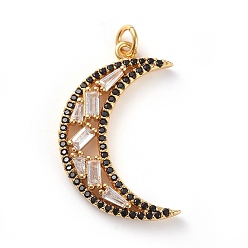 Golden Brass Micro Pave Cubic Zirconia Pendants, with Jump Rings, Moon, Clear & Black, Golden, 28x18x3.5mm, Hole: 3mm