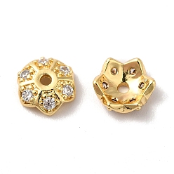 Chapado en Oro Real 18K Tapa de perlas de zirconia cúbica de micro pavé de latón, 6-pétalo de flor, real 18 k chapado en oro, 8x7x3 mm, agujero: 1.4 mm