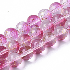 Camellia Transparent Spray Painted Glass Bead Strands, with Golden Foil, Round, Camellia, 8~9mm, Hole: 1.2~1.5mm, about 46~56pcs/Strand, 14.37 inch~16.3 inch(36.5~41.4cm)