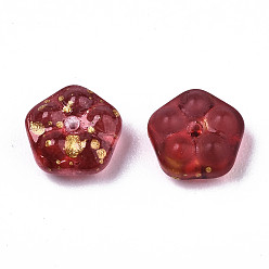 Brique Rouge Perles de verre imprimées , une feuille d'or, fleur, firebrick, 6x3mm, Trou: 0.9mm