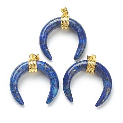 Lapislázuli Naturales lapis lazuli colgantes, con fornituras de latón dorado, doble cuerno / luna creciente, 31~33x30x10 mm, agujero: 6x4 mm