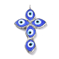 Azul Colgantes hechos a mano del lampwork del ojo malvado, con fornitura de estaño en tono platino, sin plomo y cadmio, cruz encanto, azul, 71x43x5 mm, agujero: 4.5 mm