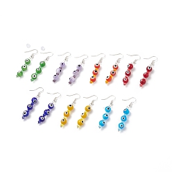 Mixed Color 7 Pairs 7 Color Lampwork Evil Eye & Glass Beaded Dangle Earrings, Brass Long Drop Earrings for Women, Mixed Color, 56mm, Pin: 0.5mm, 1 Pair/color