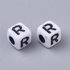 Letter R White Opaque Acrylic Beads, Horizontal Hole, Cube with Black Alphabet, Letter.R, 4~5x4~5x4~5mm, Hole: 1.8mm, about 6470~6500pcs/500g
