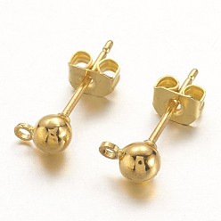Golden Brass Post Earring Findings, with Loop, Golden, 15x6mm, Hole: 1mm, Ball: 4mm, Pin: 0.8mm