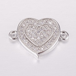 Platinum Brass Micro Pave Cubic Zirconia Links, Clear, Heart, Platinum, 12.5x17x2mm, Hole: 1mm