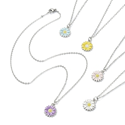 Mixed Color Alloy Enamel Sunflower Pendant Necklace with 304 Stainless Steel Chains, Mixed Color, 17.20~17.56 inch(43.7~44.6cm)