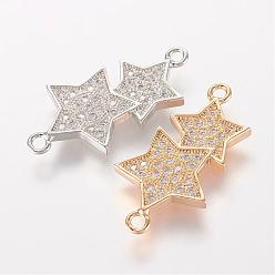 Mixed Color Brass Micro Pave Cubic Zirconia Links, Star, Mixed Color, 25x13x2mm, Hole: 1mm