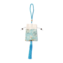 Light Blue Brocade Sachet Bag, Drawstring Floral Embroidered Bag, Rectangle with Tassel, Light Blue, 42cm, Bag: 12.5x8.8x0.2cm, Bead: 0.8~0.9cm, Tassel: 12.5x1cm
