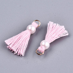Perlas de Color Rosa Decoraciones de la borla de polycotton (algodón del poliéster), mini borla, con fornitura de hierro en tono dorado y perlas de imitación de plástico abs, rosa perla, 23 mm, anillo de salto: 5x0.8 mm, 3.4 mm de diámetro interior