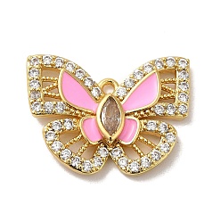 Perlas de Color Rosa Rack de latón chapado colgantes de óxido de circonio cúbico, con esmalte, larga duración plateado, sin plomo y el cadmio, real 18 k chapado en oro, mariposa, rosa perla, 18x24x4 mm, agujero: 1.5 mm