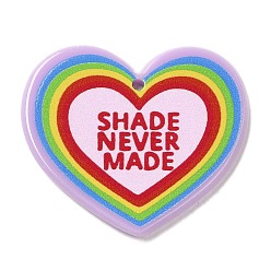 Coloré Pendentifs acryliques, coeur avec mot ombre jamais créé, fierté de couleur arc-en-ciel, colorées, 31x35.5x2.5mm, Trou: 1.6mm