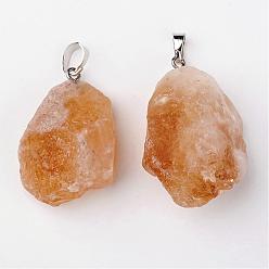 Citrine Natural Citrine Pendants, Nuggets, with Brass Findings, Platinum, 26~42x20~26x14~22mm, Hole: 5x8mm