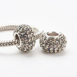 215_Diamant Noir  Perles européennes de cristal autrichien, Perles avec un grand trou   , 925 noyau en argent sterling, rondelle, 215 _ diamant noir , 11~12x7.5mm, Trou: 4.5mm