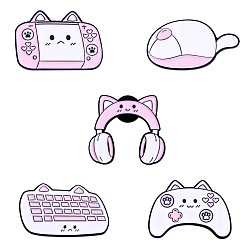 Pearl Pink 5Pcs 5 Styles Game Handle & Mouse & Keyboard & Handset Enamel Pins, Gold Plated Alloy Badges for Backpack Clothes, Pearl Pink, 15~28x28~30mm, 1Pc/style
