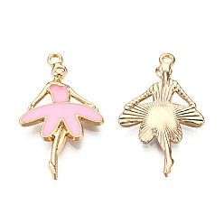 Pearl Pink Light Gold Plated Alloy Pendants, with Enamel, Ballet Dancer, Pearl Pink, 30.5x18x2.5mm, Hole: 1.8mm