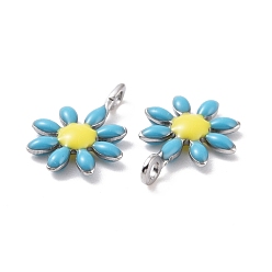 Deep Sky Blue 304 Stainless Steel Charms, with Enamel, Stainless Steel Color, Flower, Deep Sky Blue, 10x7.5x2mm, Hole: 1mm