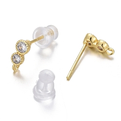 Real 18K Gold Plated Brass Micro Pave Clear Cubic Zirconia Stud Earring Findings, with Silicone Ear Nuts, with Loop, Long-Lasting Plated, Number 8, Real 18K Gold Plated, 8.5x3.5mm, Hole: 0.7mm, Pin: 0.8mm