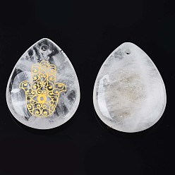 Cristal de cuarzo Colgantes de cristal de cuarzo naturales, colgantes de cristal de roca, lágrima con patrón de mano de hamsa, 32~33.5x25~26x6.5~7.5 mm, agujero: 2 mm, 6 unidades / bolsa