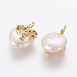 Aries Natural Cultured Freshwater Pearl Pendants, with Brass Micro Pave Cubic Zirconia Findings, Nuggets with Constellation, Golden, Marine Blue, Aries, 17~22x11~16x5~11mm, Hole: 1.6mm