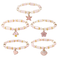Mixed Shapes Natural Rose Quartz Beaded Bracelets, Alloy Enamel Pendant Bracelets for Women, Starfish/Mushroom/Shell/Flower/Heart, Mixed Shapes, 1/4 inch(0.6cm), Inner Diameter: 2 inch(5.2cm)