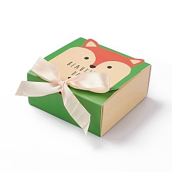 Лиса Подарочная коробка из мультяшного картона, с цветной лентой, прямоугольные, зеленый лайм, узор лисы, складка: 12.9x11.5x5.1 см