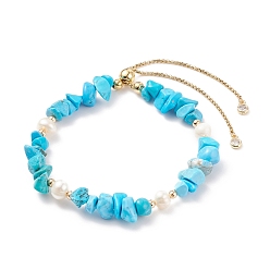 Howlite Bracelet coulissant en perles d'howlite naturelle et perle, bijoux en pierres précieuses pour femmes, or, diamètre intérieur: 2-1/8~3-1/4 pouce (5.4~8.4 cm)