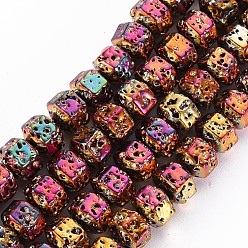 Colorful Electroplated Natural Lava Rock Beads Strands, Hexagon, Bumpy, Colorful, 6x7x5.5mm, Hole: 1.2mm, about 73pcs/strand, 15.75 inch(40cm)