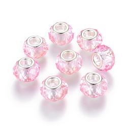 Perlas de Color Rosa Granos europeos cristal hechos a mano, abalorios de grande agujero, núcleo de latón en color plata, rosa perla, 14x8 mm, agujero: 5 mm