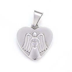 Stainless Steel Color 304 Stainless Steel Pendants, Heart with Angel, Stainless Steel Color, 26x25x2.5mm, Hole: 11x6mm