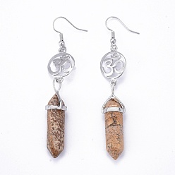 Picture Jasper Pointed Bullet Natural Picture Jasper Dangle Earrings, with Brass Earring Hooks and Flat Round with Aum/Om Symbol Links, Yoga Theme, Platinum, 78mm, Pin: 0.7mm