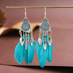 Dark Turquoise Feather Chandelier Earrings, Antique Silver Plated Alloy Jewelry for Women, Dark Turquoise, 110x22mm