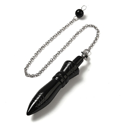 Obsidian Natural Obsidian Pointed Dowsing Pendulums, with 304 Stainless Steel Chains, Bullet Charm, 243mm, Bullet: 60x12.5mm, Hole: 3mm